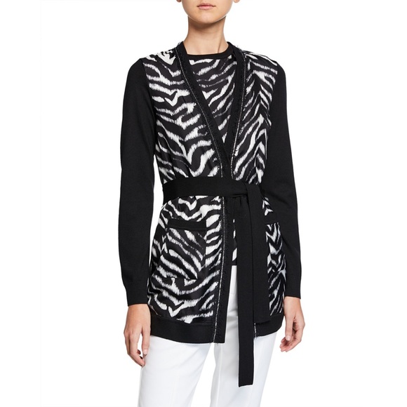 St. John Black Zebra Chain-trim Knit Cardigan Silk